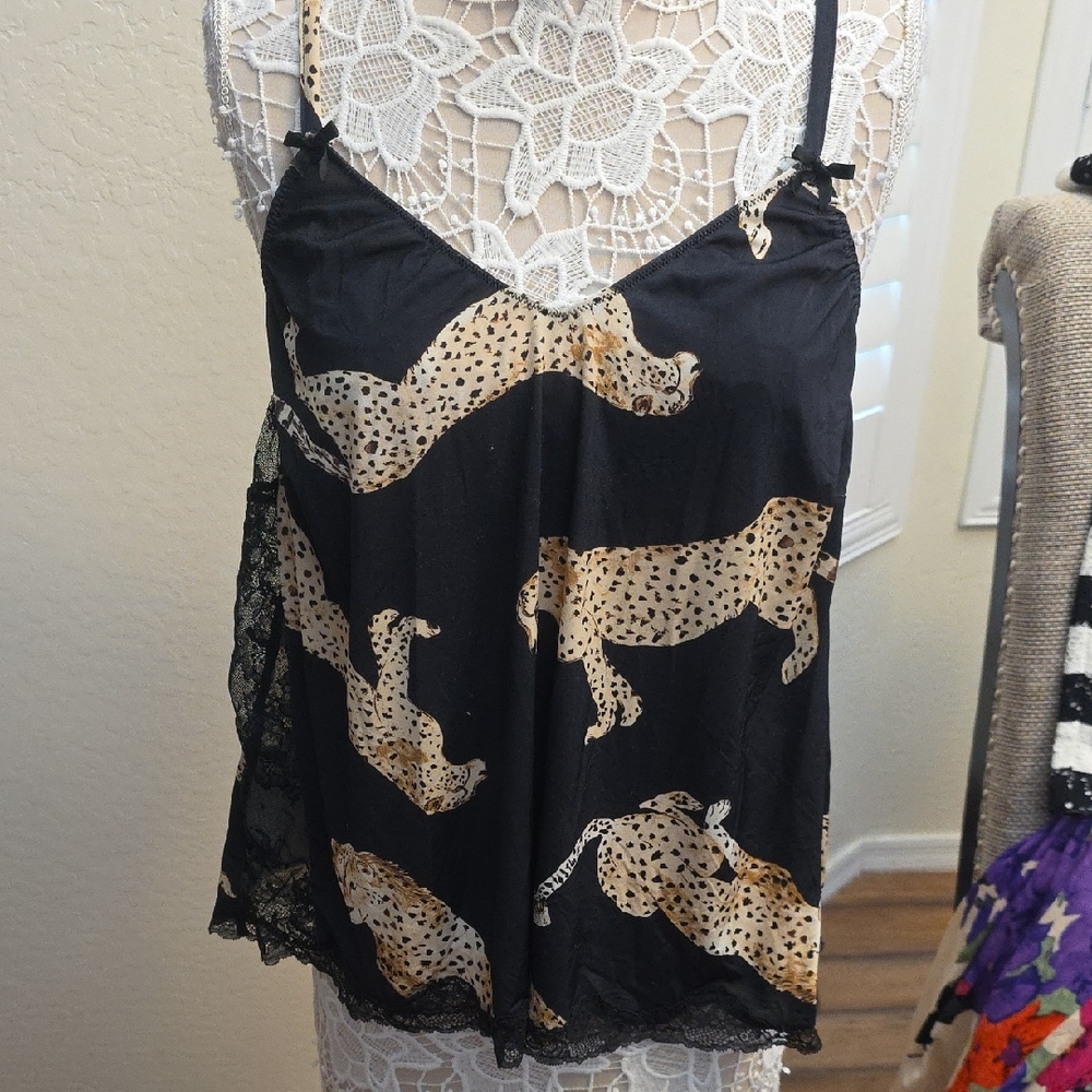 Cacique Black and Leopard Print Lace Top